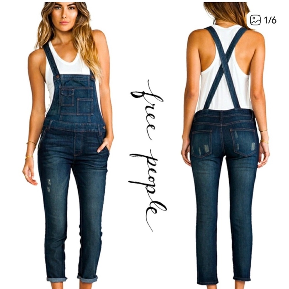 Free People Dark Blue Slim Denim Overalls